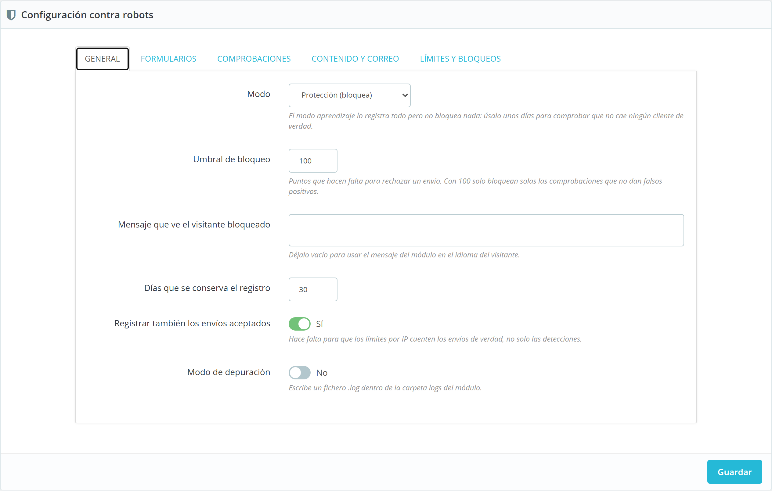 ecom blockbot 01 configuracion general - Bloquear bots en formularios para PrestaShop sin captcha