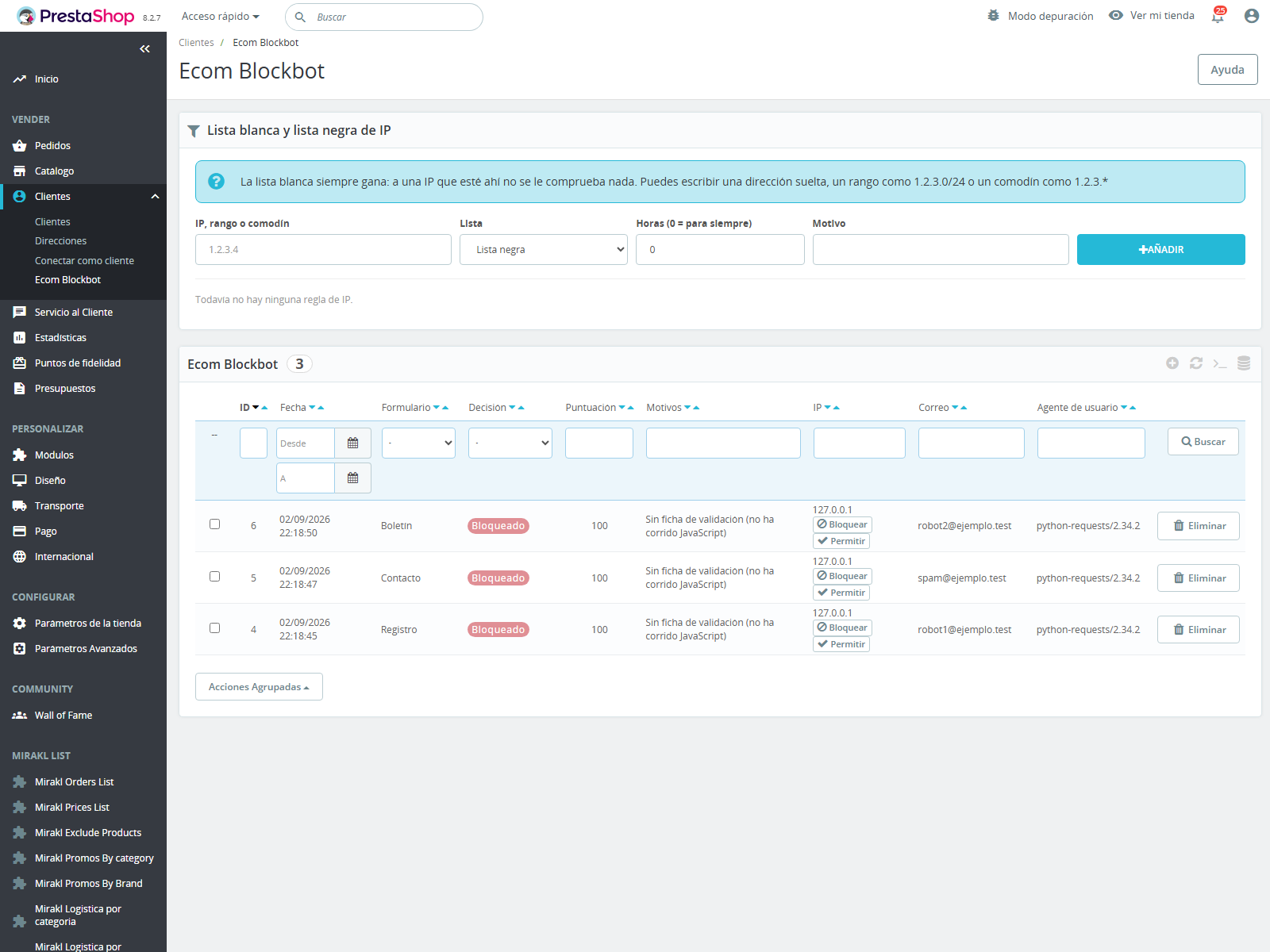 ecom blockbot 06 registro de detecciones - Bloquear bots en formularios para PrestaShop sin captcha